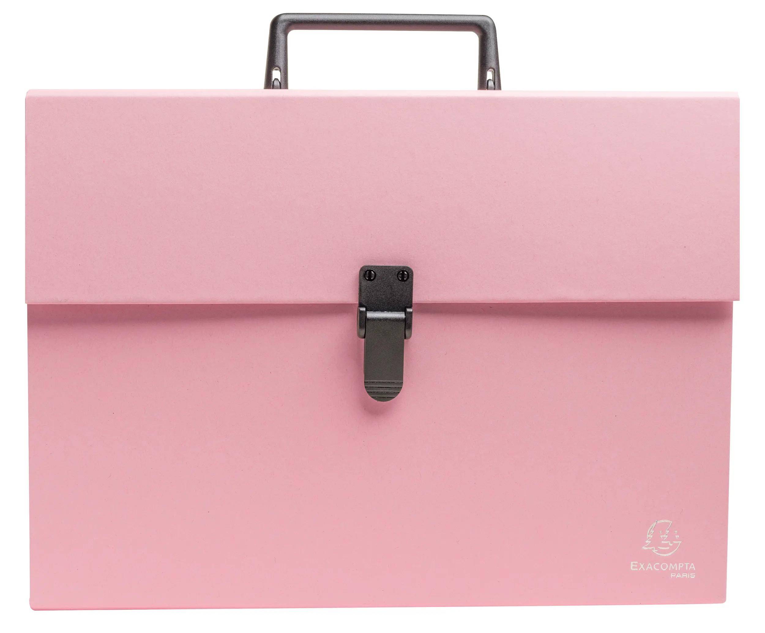 Eine rosa Aktentasche im Dokumentenhalter-Stil mit schwarzem Riegel und Griff, die ein Logo in der Ecke aufweist.