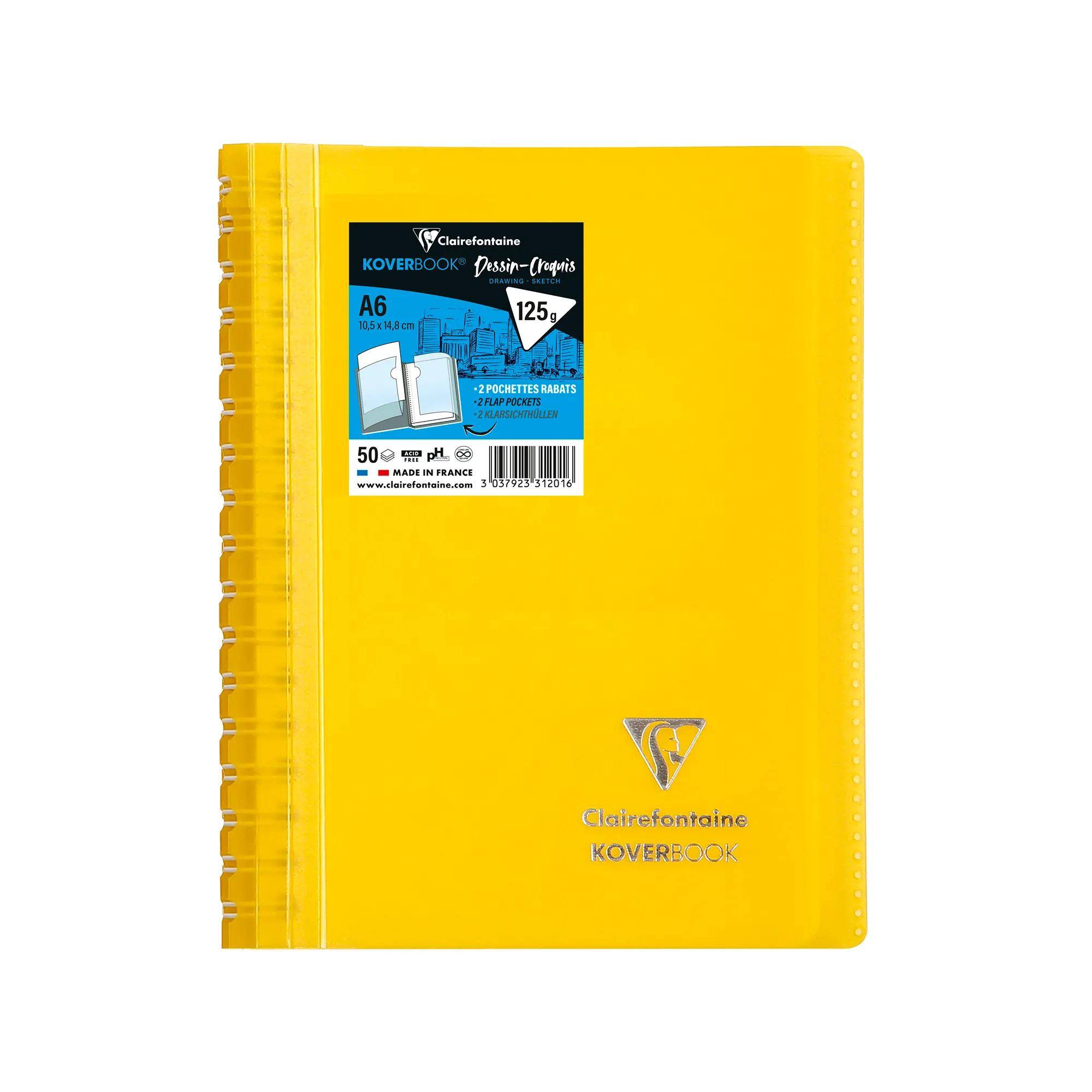 Ein gelbes Clairefontaine A6 Koverbook Notizbuch mit Spiralbindung, das ein Etikett mit der Angabe von 50 Blättern 90gsm Papier zeigt.