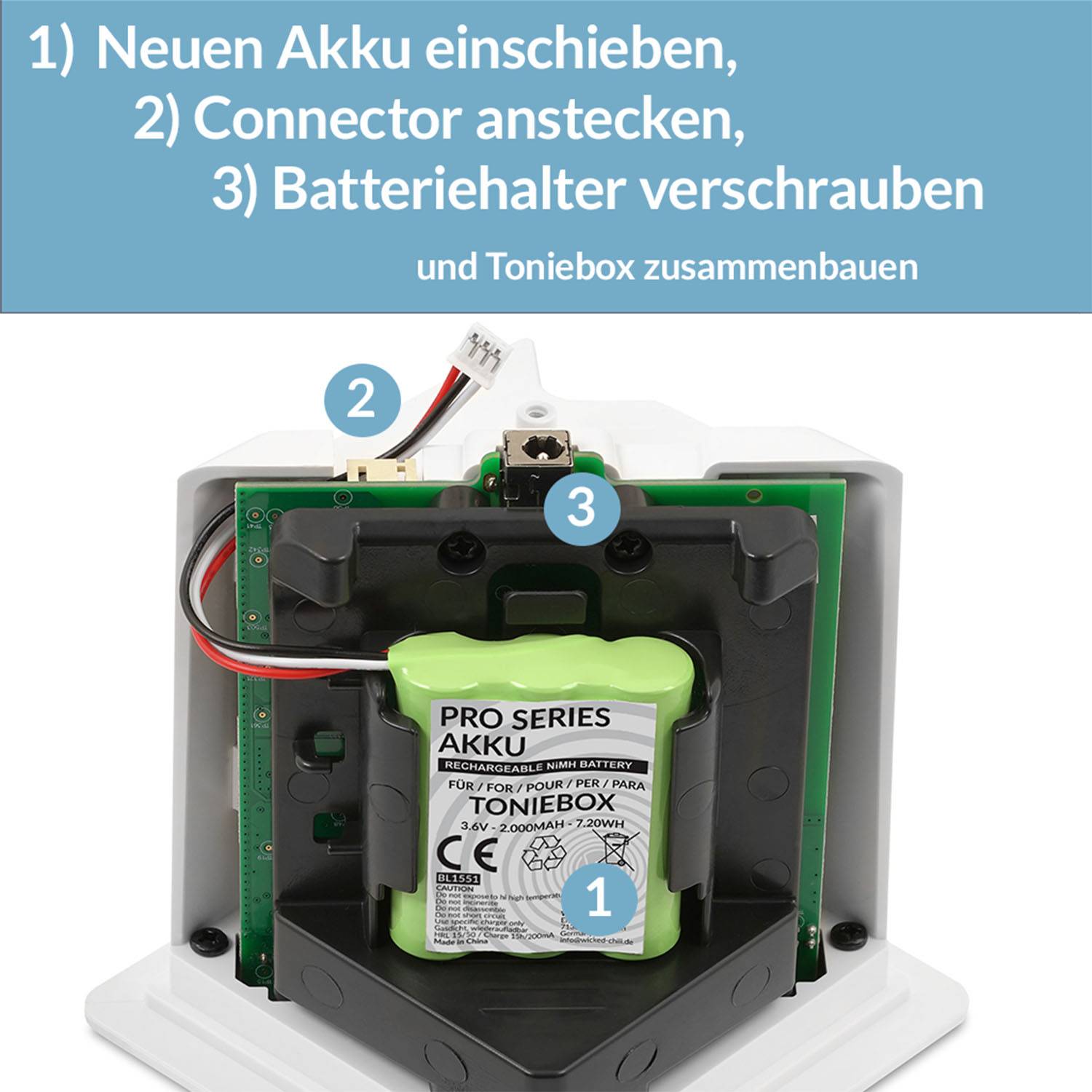 Wicked Chili Ersatzakku 3x Akku für Toniebox, 50AA5S Pro Series Ersatz-Akku Batterie für original Tonies Musikbox (inkl. Moosgummi Klebepad, 2.200