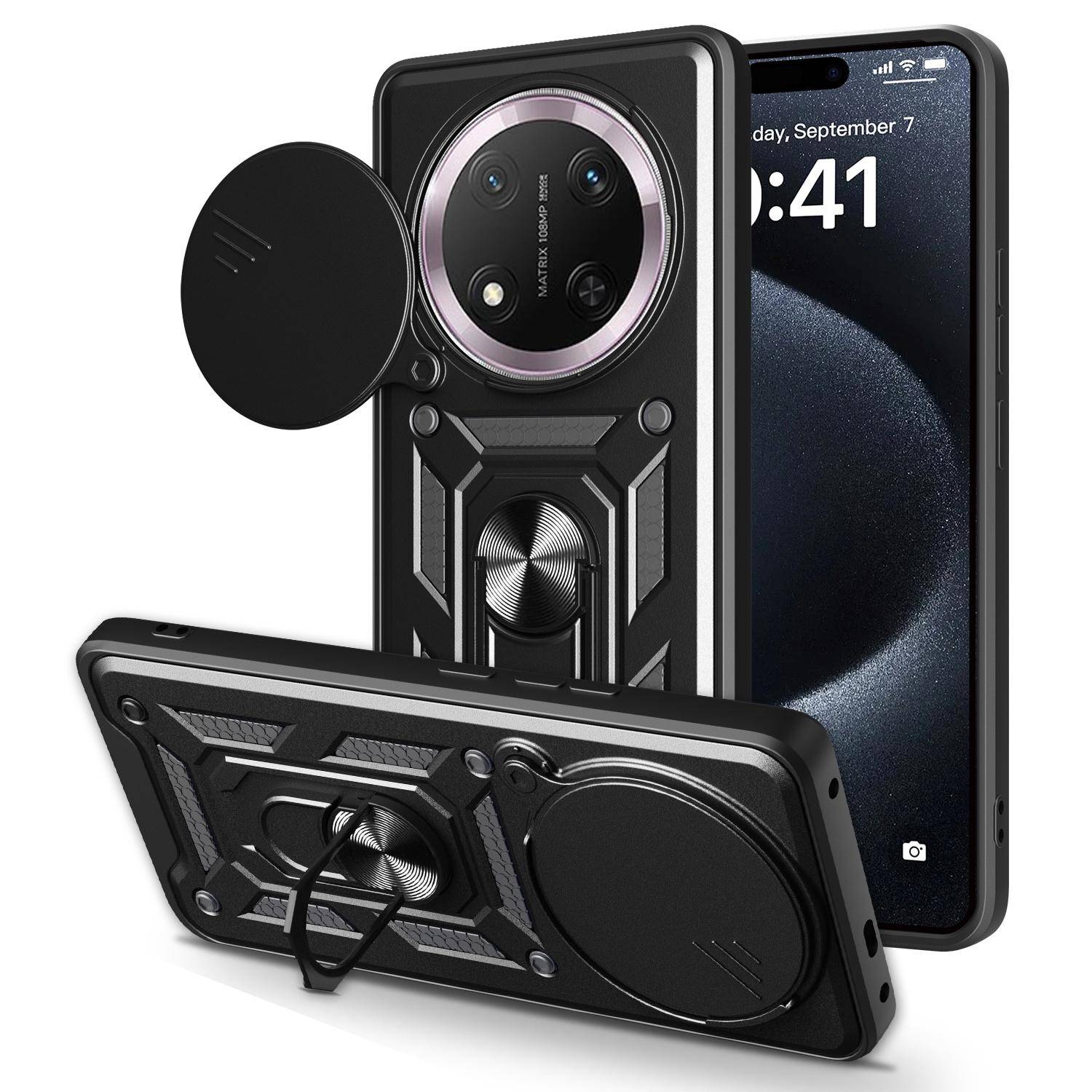 Für Honor Magic 7 Lite / X9c Sliding Kamera TPU Hybrid Schutz Hülle Ring Schwarz