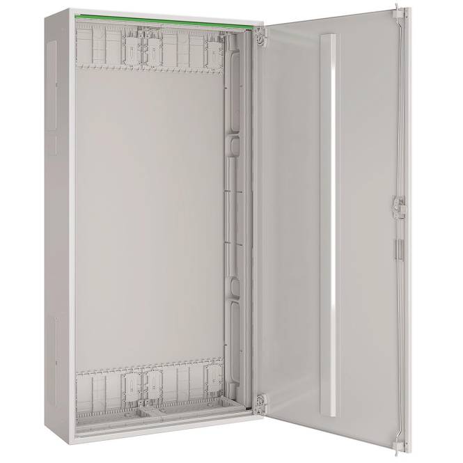 Offener elektronischer Ausrüstungsschrank mit internen Fächern und einer vertikalen Beleuchtungsleiste an der Tür, verwendet für organisierte Lagerung.