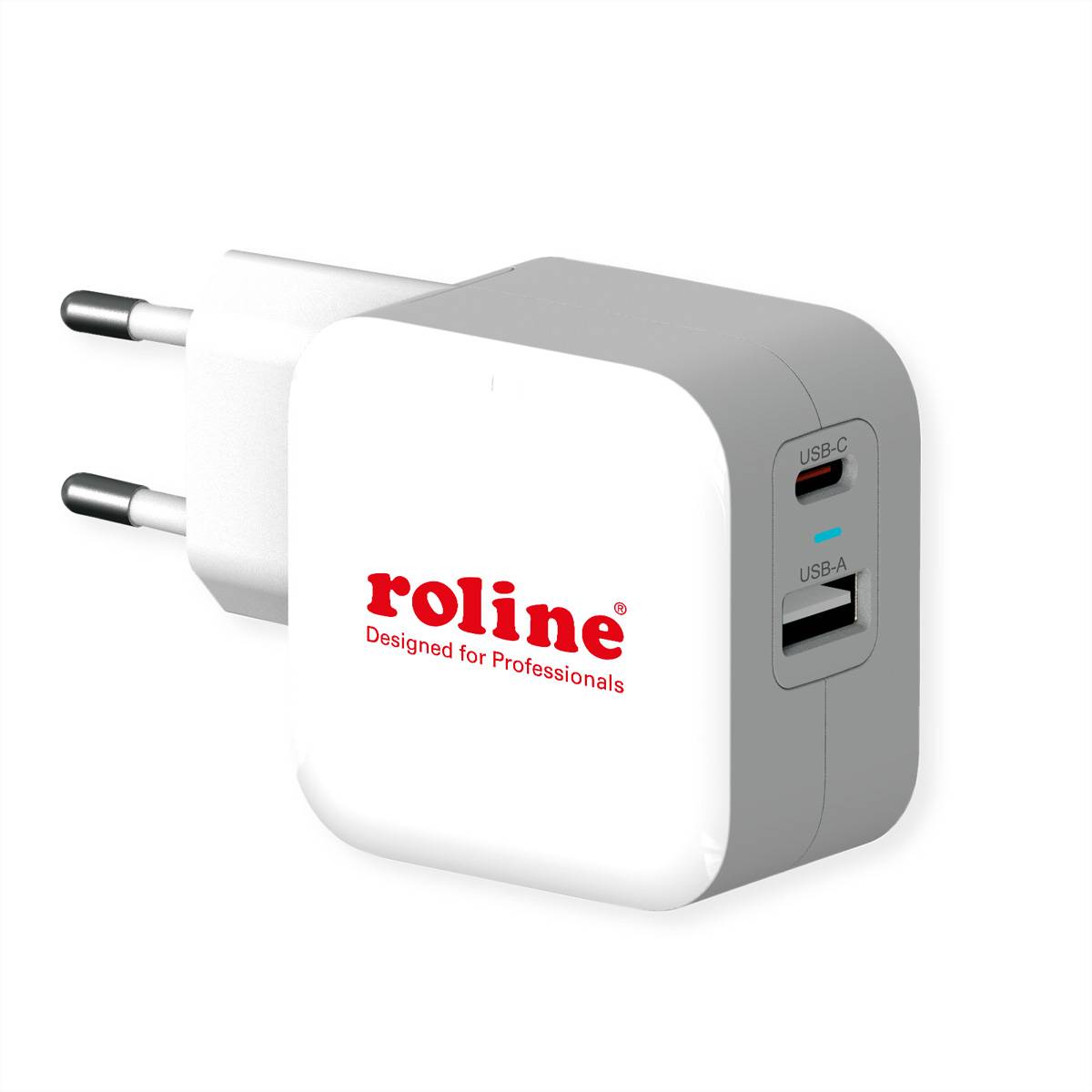 ROLINE USB Charger mit Euro-Stecker, 2 Port (Typ-A QC3.0, Typ-C PD), 38W Spannungswandler USB