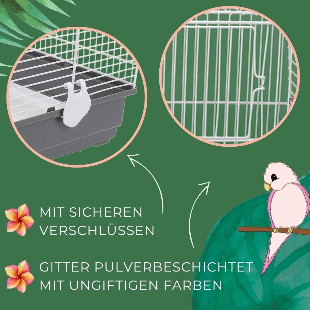 Vogelkäfig Käfig für Vögel Wellensittichkäfig Metall Vogelbauer klein grau weiß Transportkäfig mit Zubehör Vogelheim Kanarien