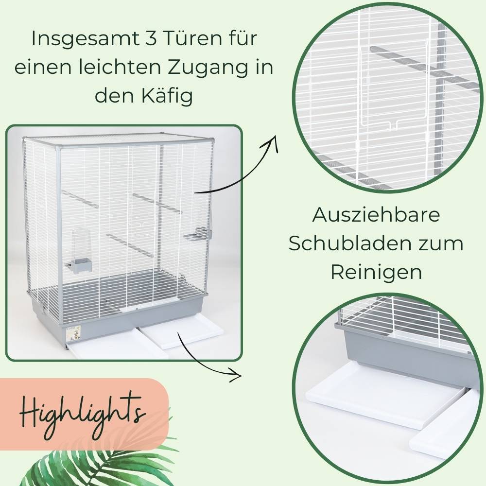 Vogelkäfig groß mit Kunststoffrahmen Wellensittich Kanarien Nymphensittich Käfig Vogelbauer 70 x 40 x 80 cm Voliere XXL