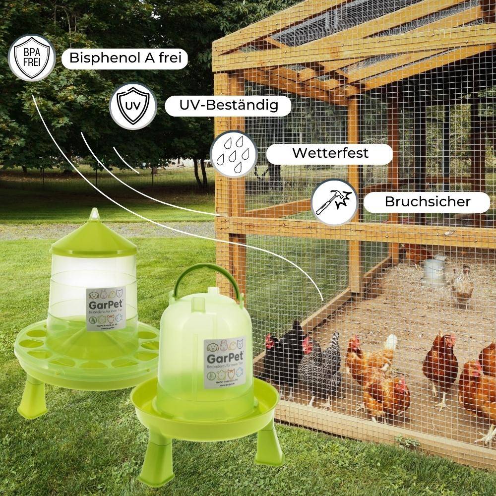 Geflügeltränke und Futterautomat Hühner mit Standfüßen im Set Hühnertränke Futterspender Futtertrog Stand Füßen Wassertränke grün Set 1.