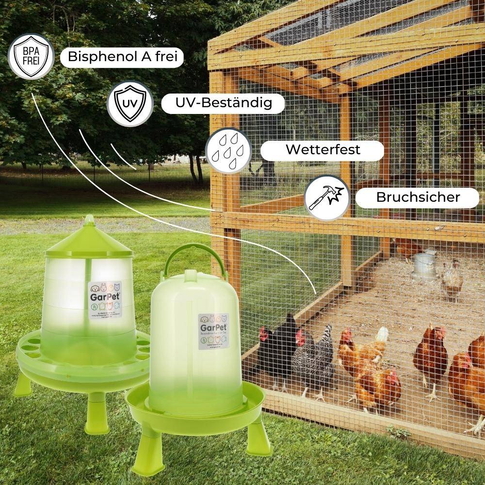 Geflügeltränke und Futterautomat Hühner mit Standfüßen im Set Hühnertränke Futterspender Futtertrog Stand Füßen Wassertränke grün Set 3.