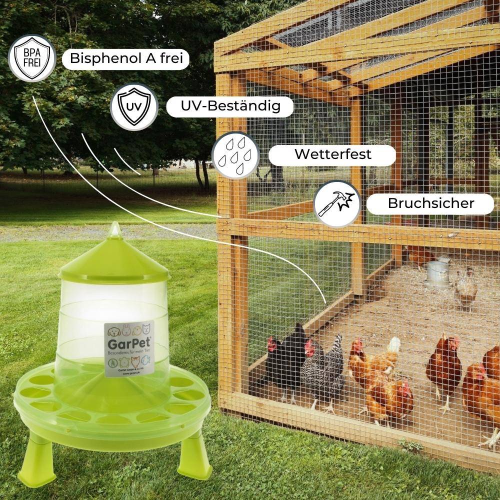 GarPet Futterautomat Hühner mit Stand Füßen grün Geflügel Futterspender Futtertrog 2 Kg Wachteln Trog Automatisch groß