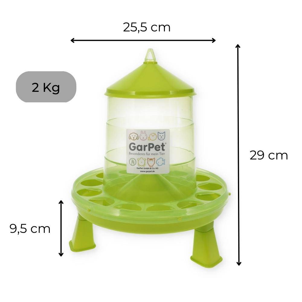 GarPet Futterautomat Hühner mit Stand Füßen grün Geflügel Futterspender Futtertrog 2 Kg Wachteln Trog Automatisch groß