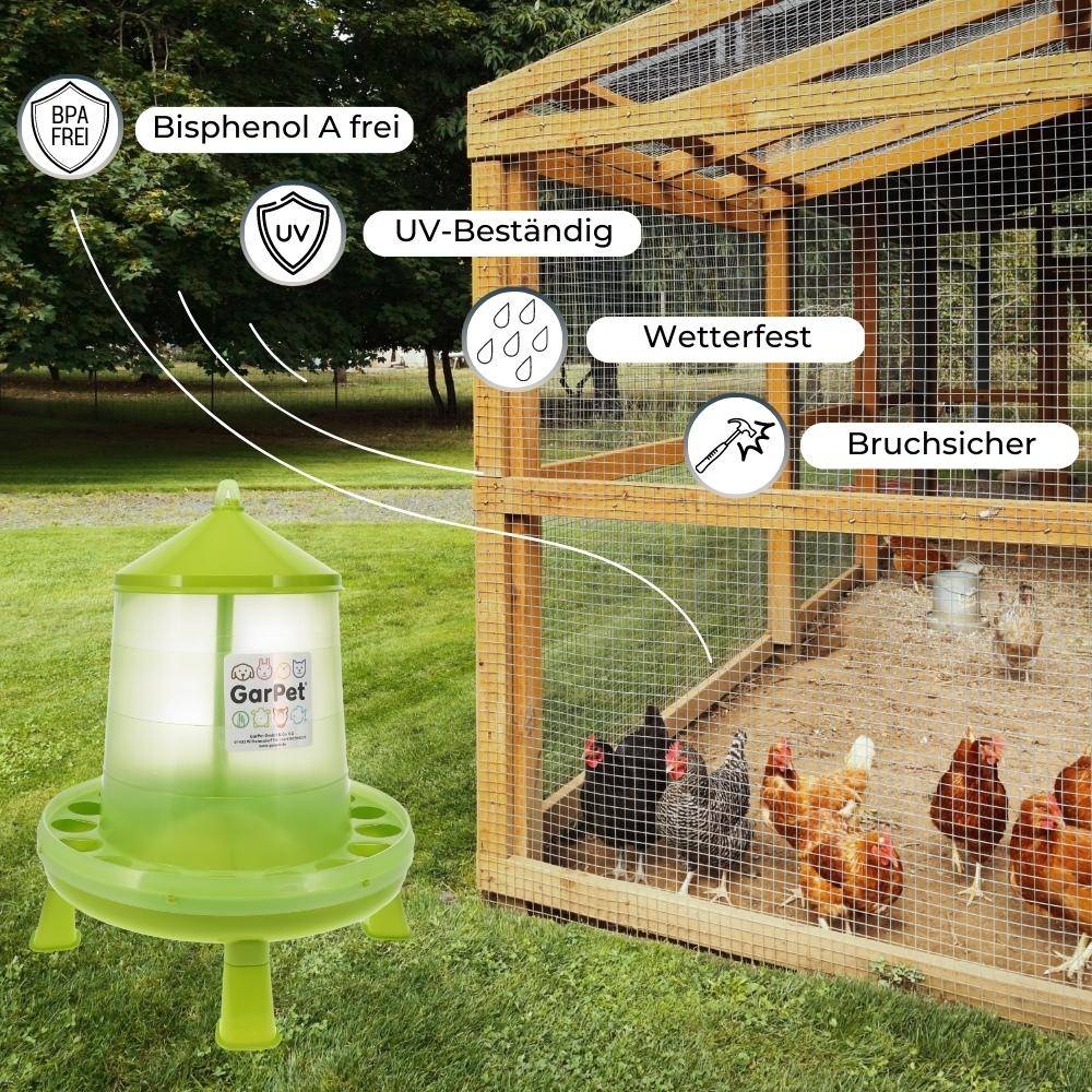 GarPet Futterautomat Hühner mit Stand Füßen grün Geflügel Futterspender Futtertrog 8 Kg Wachteln Trog Automatisch groß
