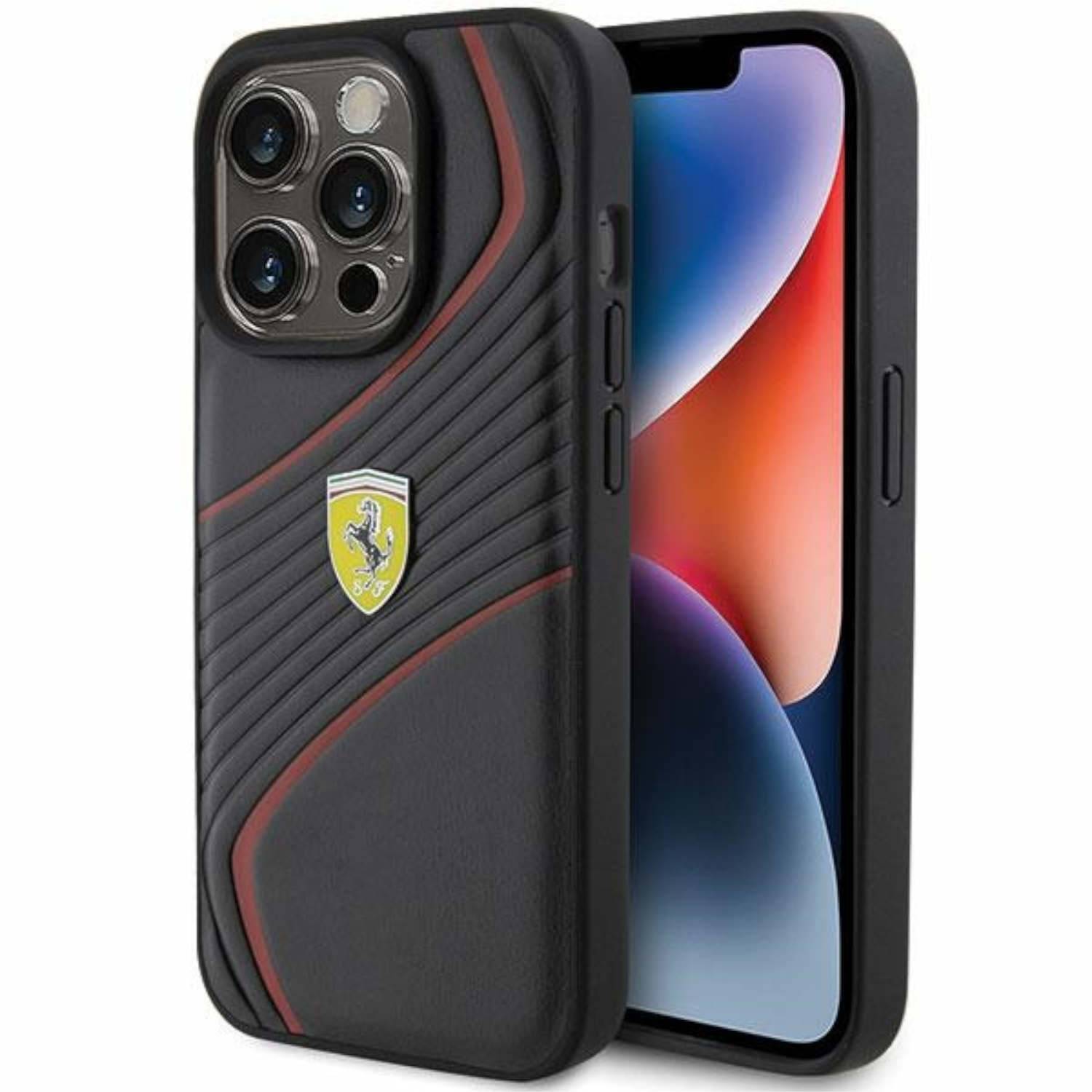 Ferrari Apple iPhone 15 Pro Max Schutzhülle Case Cover Twist Metal Logo Schwarz