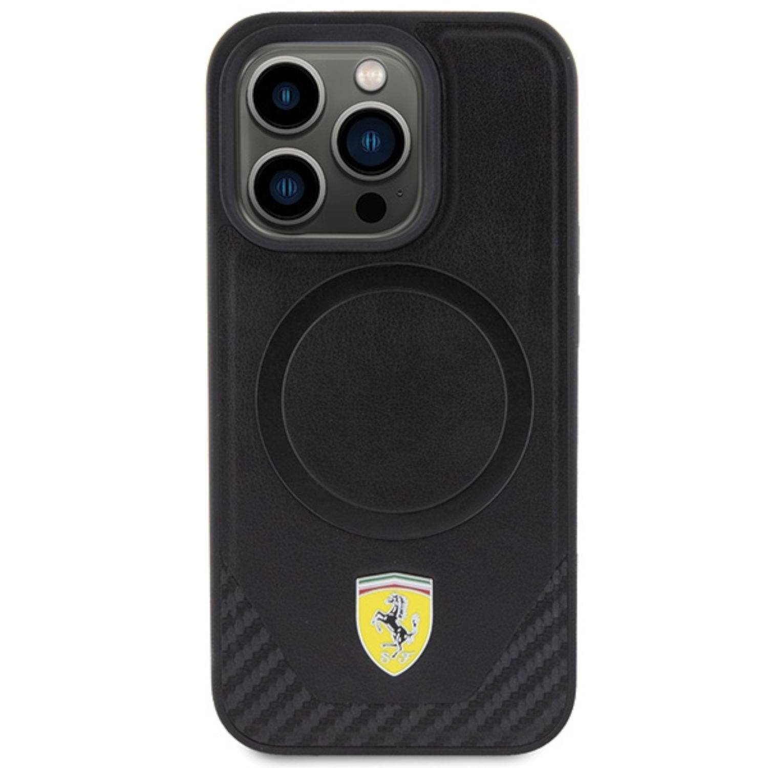 Ferrari Apple iPhone 15 Pro Schutzhülle Case Carbon Metal Logo MagSafe Schwarz.