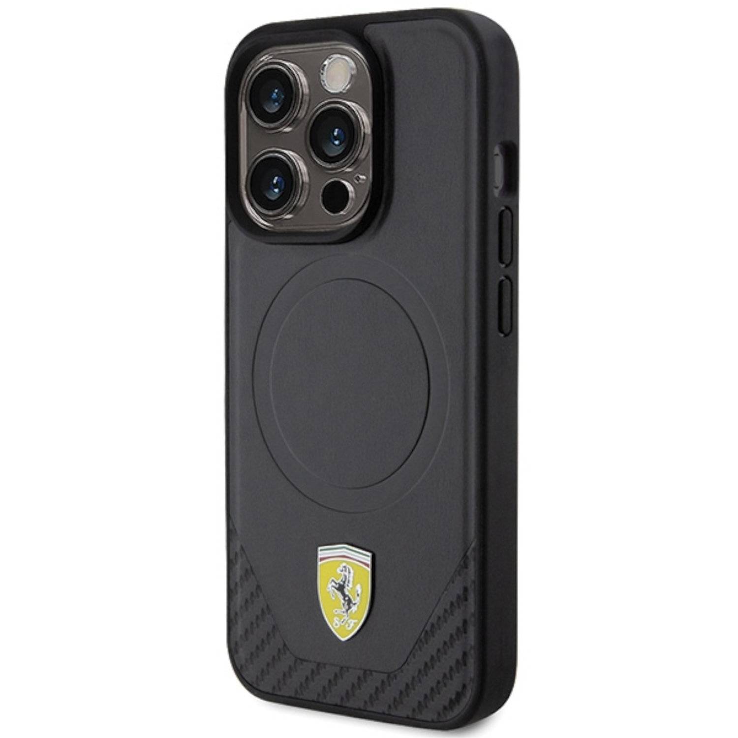 Ferrari Apple iPhone 15 Pro Max Schutzhülle Carbon Metal Logo MagSafe Schwarz
