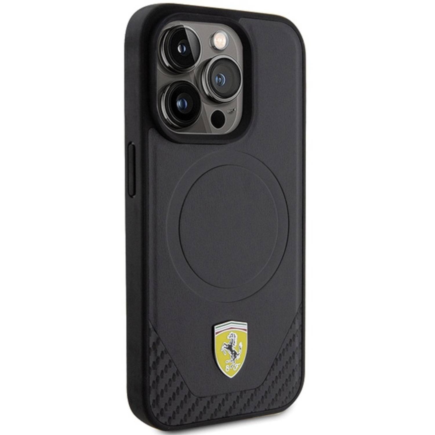 Ferrari Apple iPhone 15 Pro Max Schutzhülle Carbon Metal Logo MagSafe Schwarz
