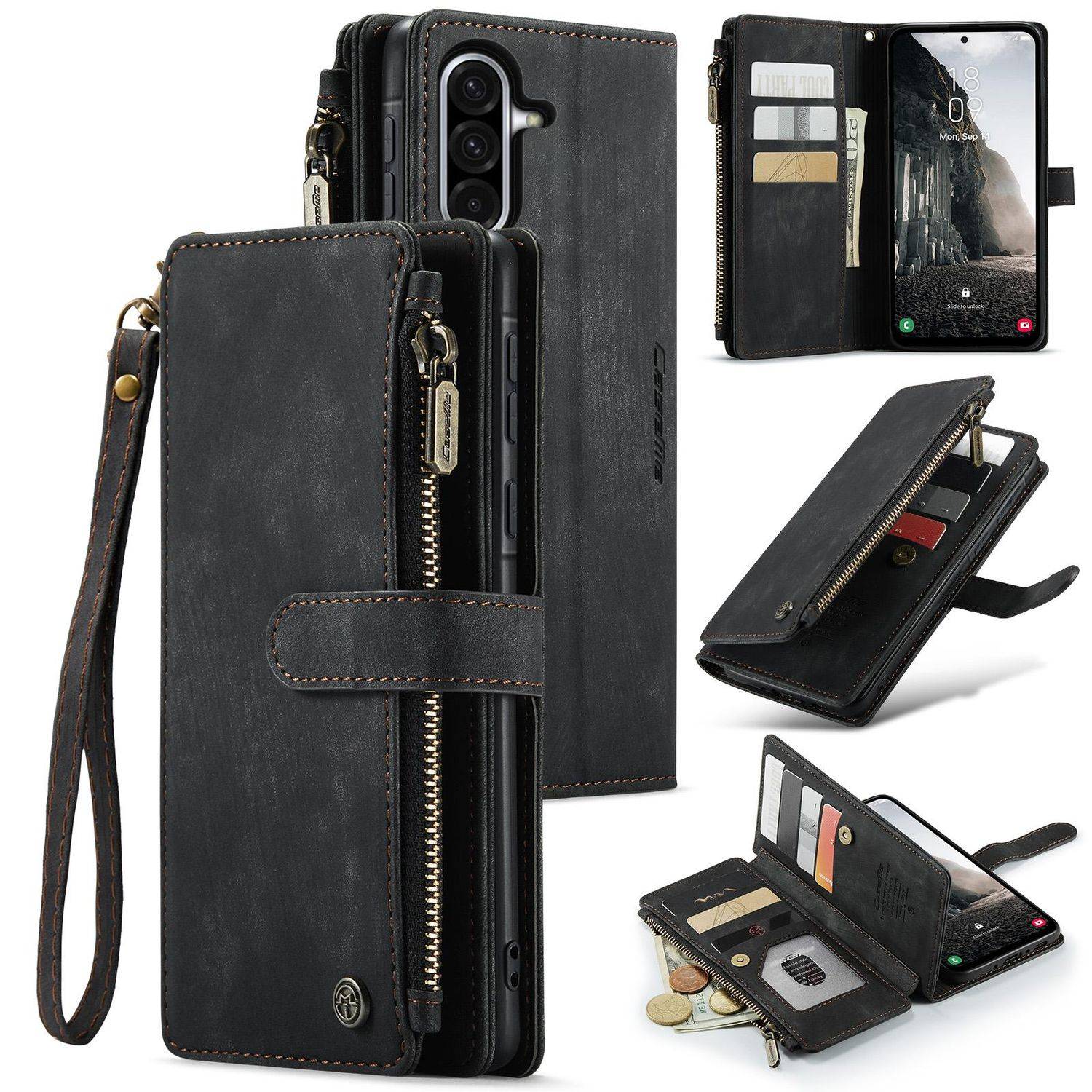 Für Samsung Galaxy A56 / A36 CaseMe Kunstleder Multifunktion Zipper Wallet Tasche Schwarz
