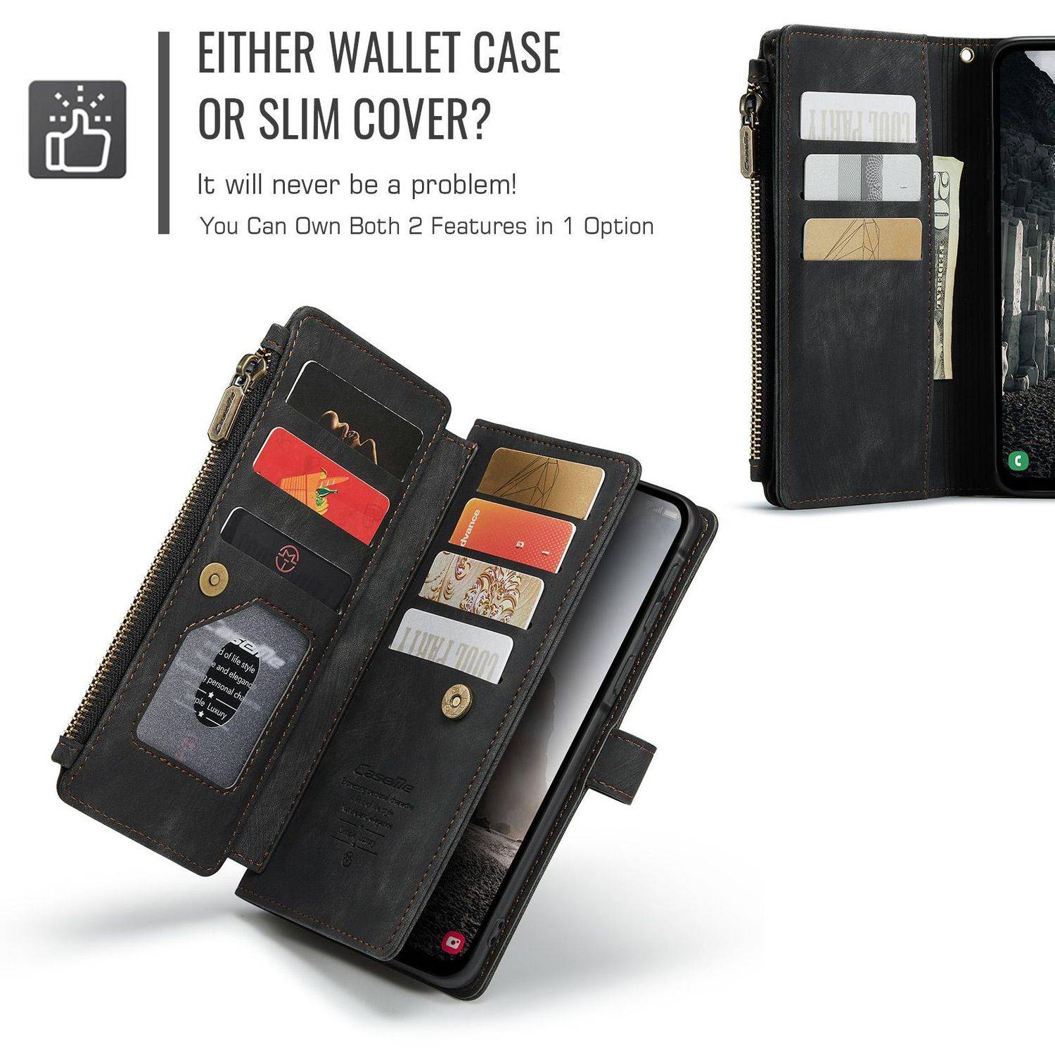 Für Samsung Galaxy A56 / A36 CaseMe Kunstleder Multifunktion Zipper Wallet Tasche Schwarz