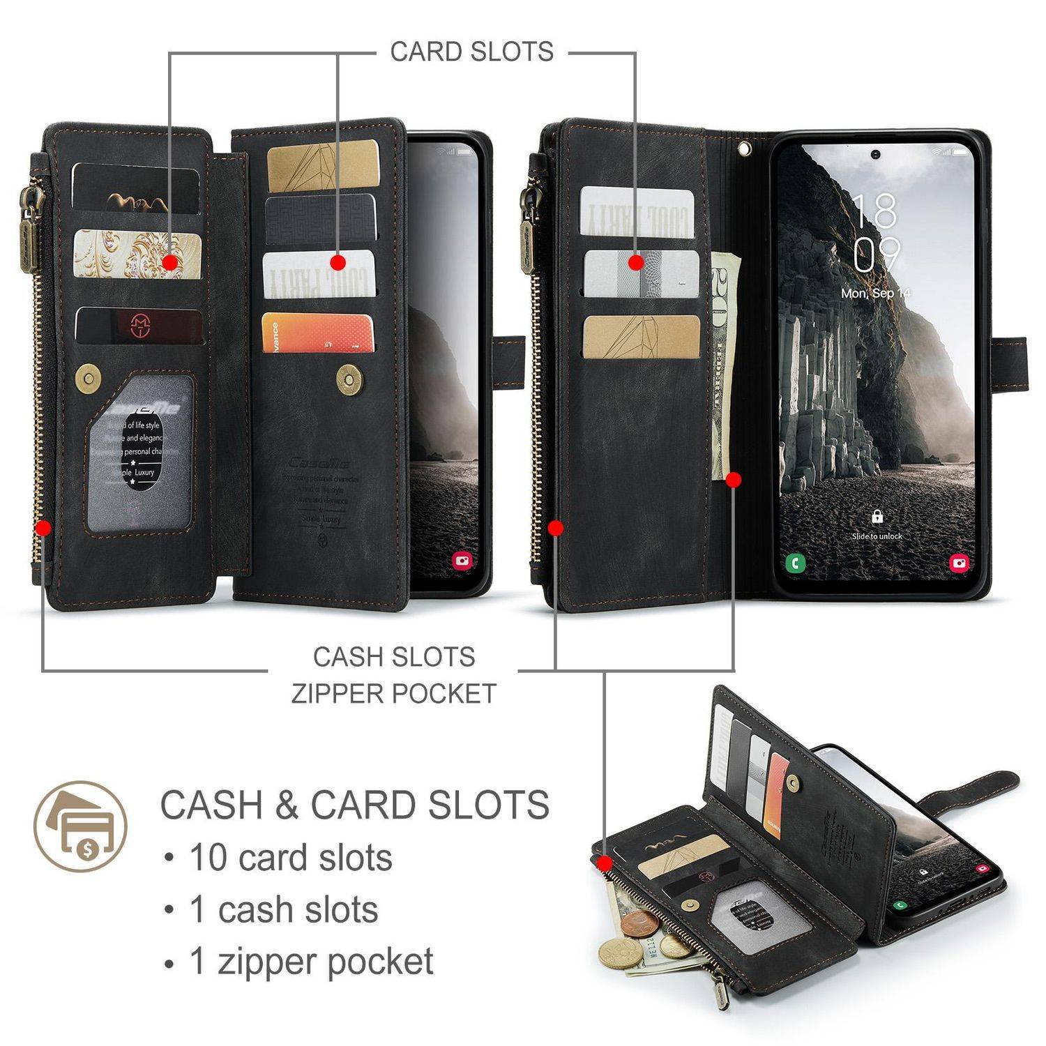 Für Samsung Galaxy A56 / A36 CaseMe Kunstleder Multifunktion Zipper Wallet Tasche Schwarz