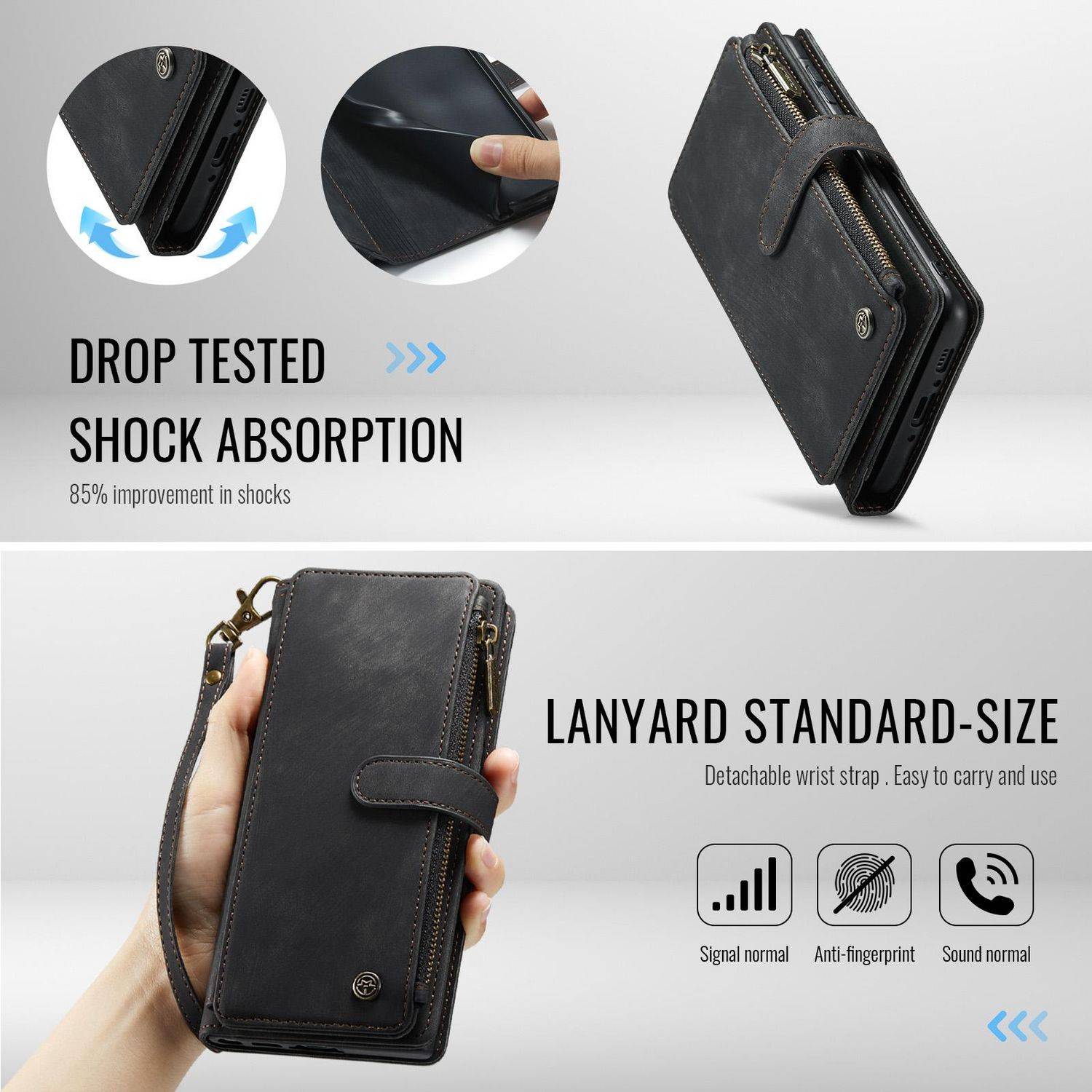 Für Samsung Galaxy A56 / A36 CaseMe Kunstleder Multifunktion Zipper Wallet Tasche Schwarz
