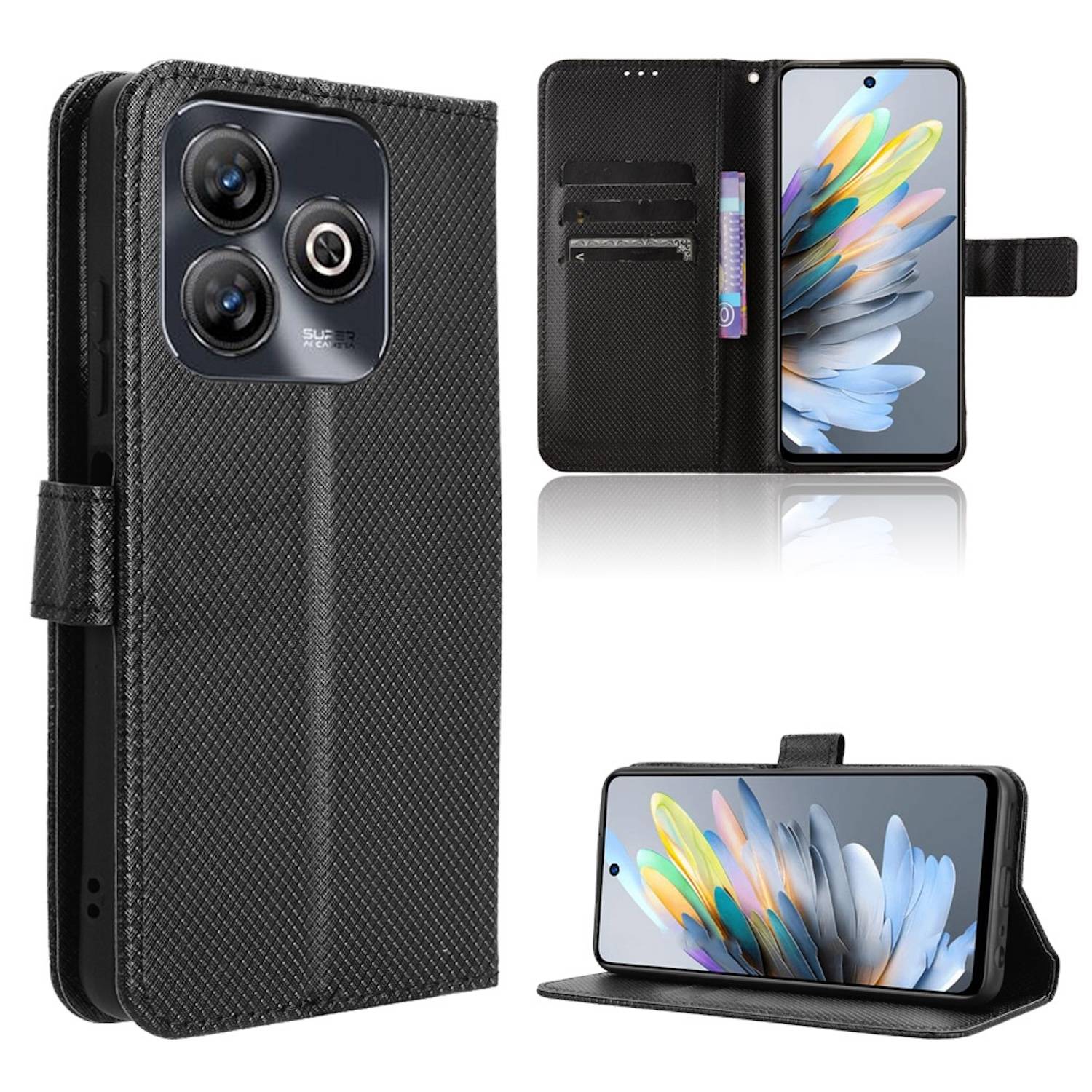 Für ZTE Blade A75 4G Diamantstruktur Design Book Wallet Kunstleder Hülle Tasche Schwarz
