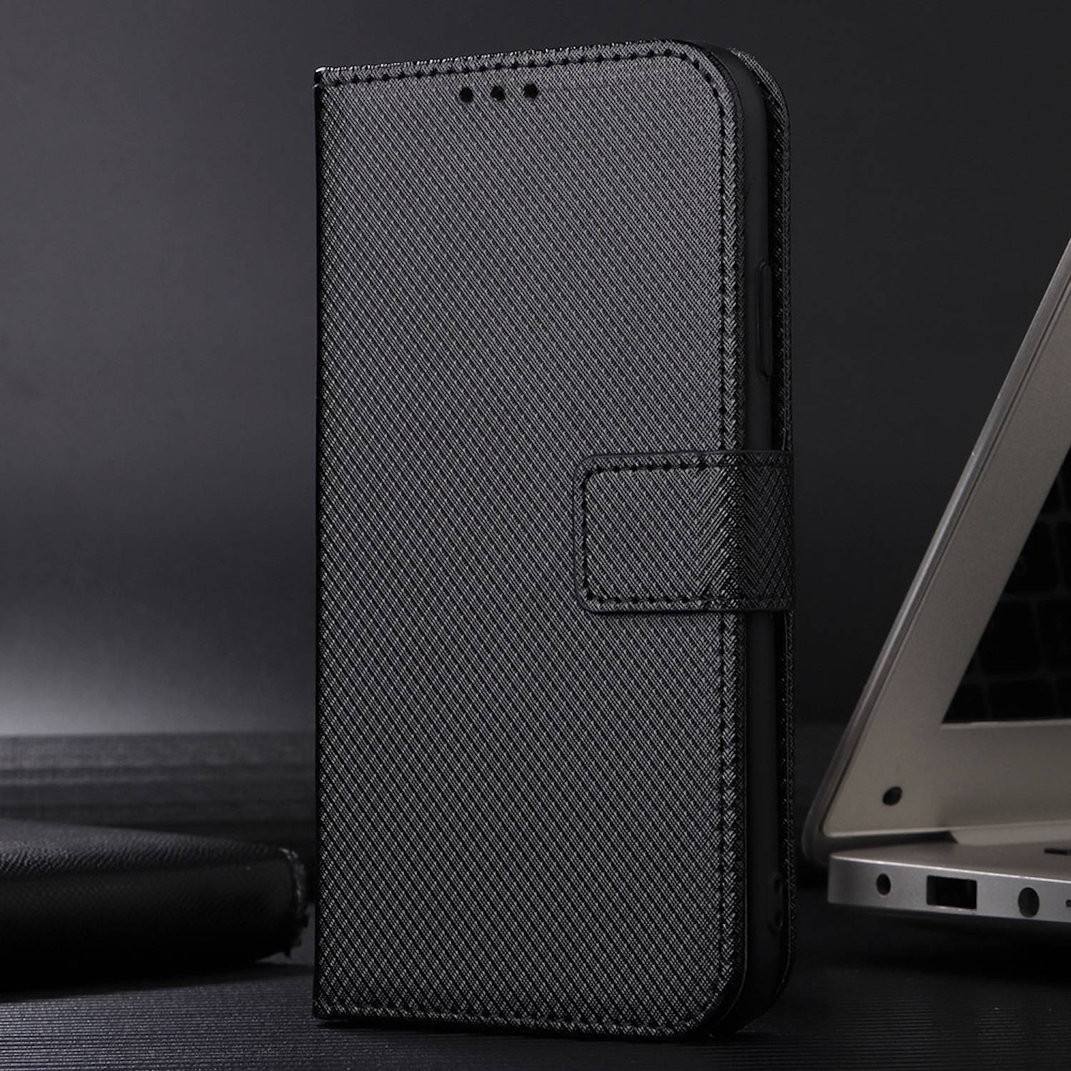 Für ZTE Blade A75 4G Diamantstruktur Design Book Wallet Kunstleder Hülle Tasche Schwarz