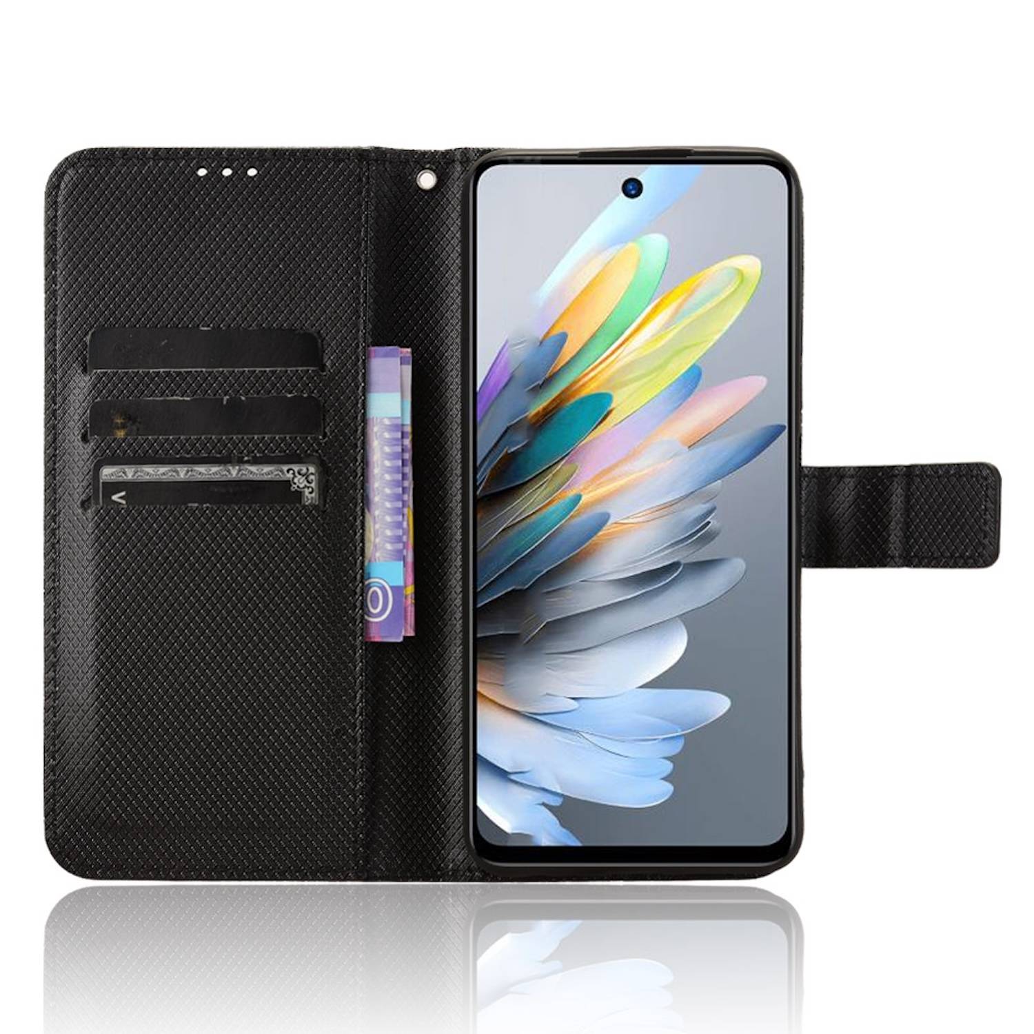 Für ZTE Blade A75 4G Diamantstruktur Design Book Wallet Kunstleder Hülle Tasche Schwarz