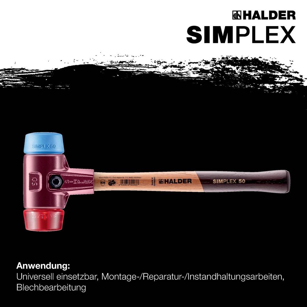 HALDER SIMPLEX Schonhammer Ø 40 mm TPE-soft blau / Plastik rot mit Tempergussgehäuse