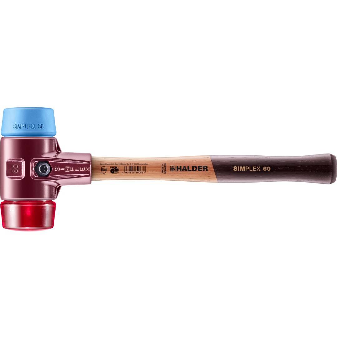 HALDER SIMPLEX Schonhammer Ø 60 mm TPE-soft blau / Plastik rot mit Tempergussgehäuse