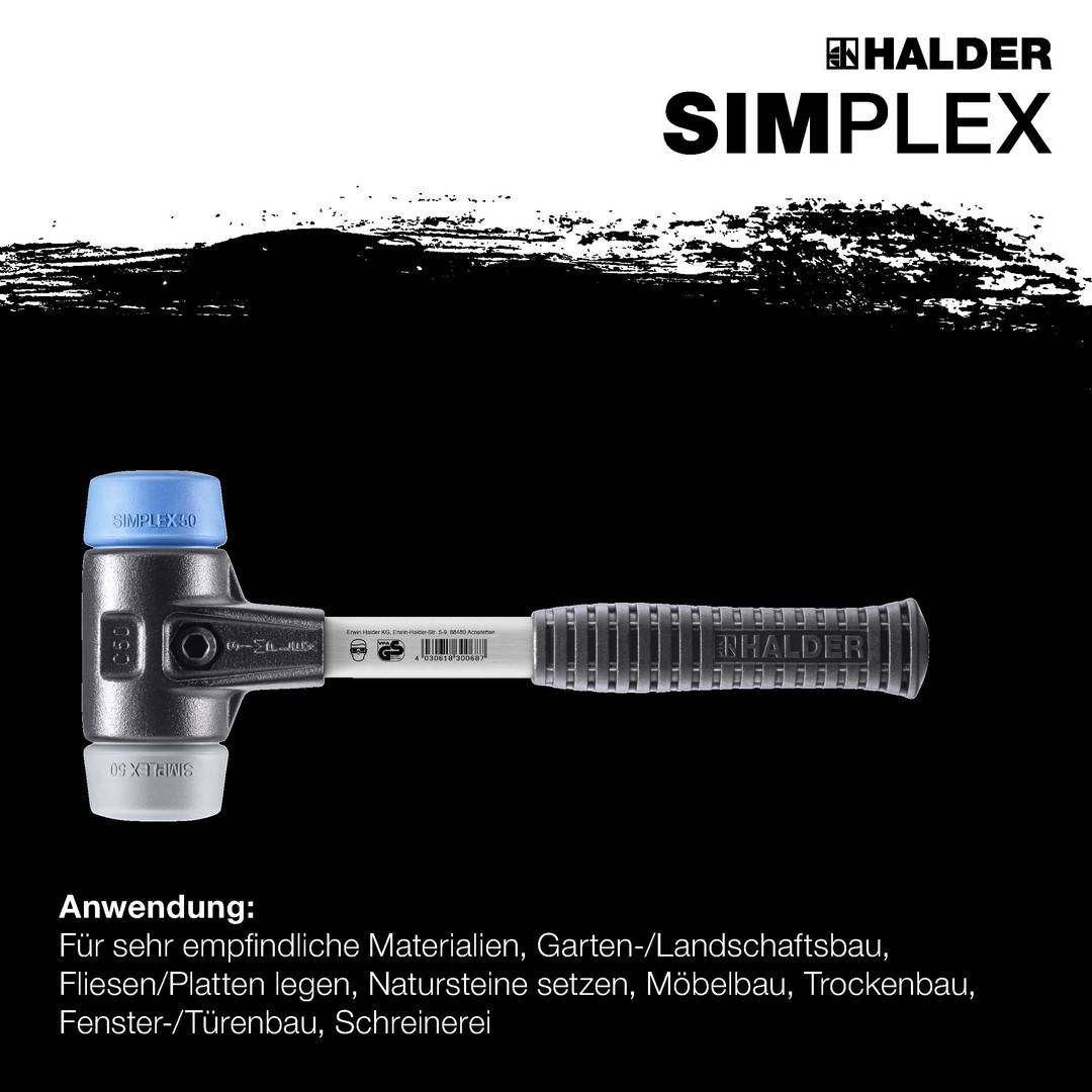 HALDER SIMPLEX Schonhammer Ø 60 mm TPE-soft blau / TPE-mid grau mit verstärktem Tempergussgehäuse und Fiberglasstiel