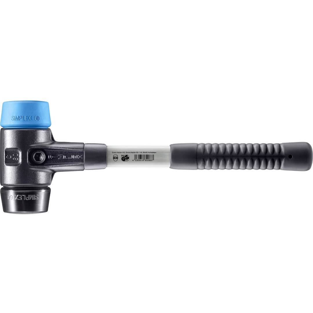 HALDER SIMPLEX Schonhammer Ø 60 mm TPE-soft blau / Gummi schwarz mit verstärktem Tempergussgehäuse und Fiberglasstiel