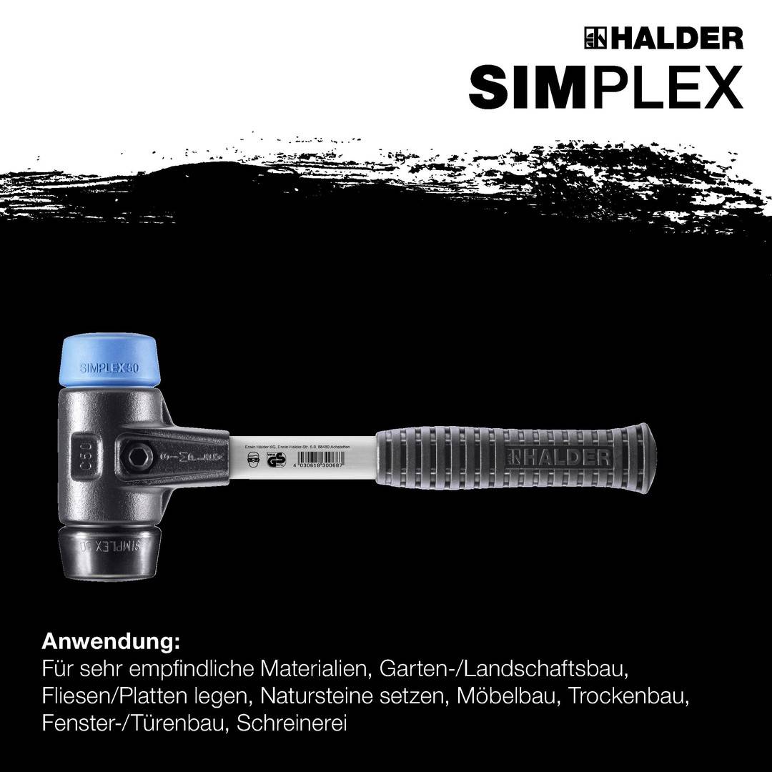 HALDER SIMPLEX Schonhammer Ø 30 mm TPE-soft blau / Gummi schwarz mit verstärktem Tempergussgehäuse und Fiberglasstiel