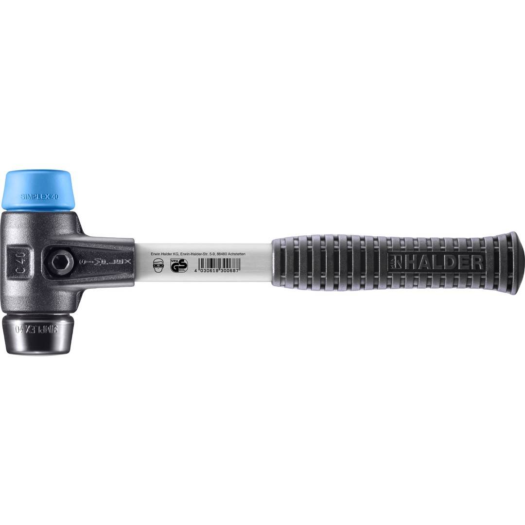 HALDER SIMPLEX Schonhammer Ø 40 mm TPE-soft blau / Gummi schwarz mit verstärktem Tempergussgehäuse und Fiberglasstiel