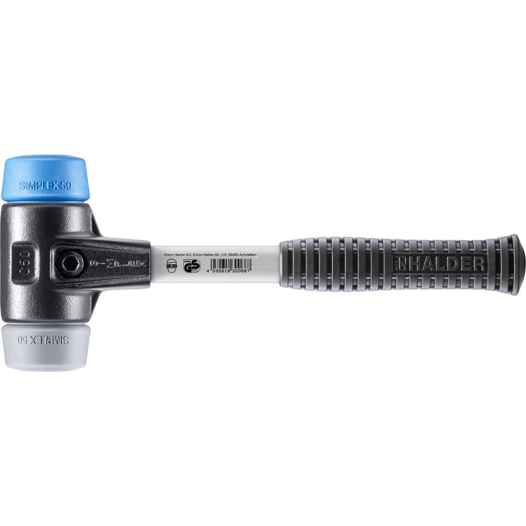 HALDER SIMPLEX Schonhammer Ø 50 mm TPE-soft blau / TPE-mid grau mit verstärktem Tempergussgehäuse und Fiberglasstiel