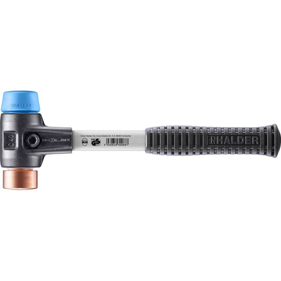 HALDER SIMPLEX Schonhammer Ø 40 mm TPE-soft blau / Kupfer mit verstärktem Tempergussgehäuse und Fiberglasstiel