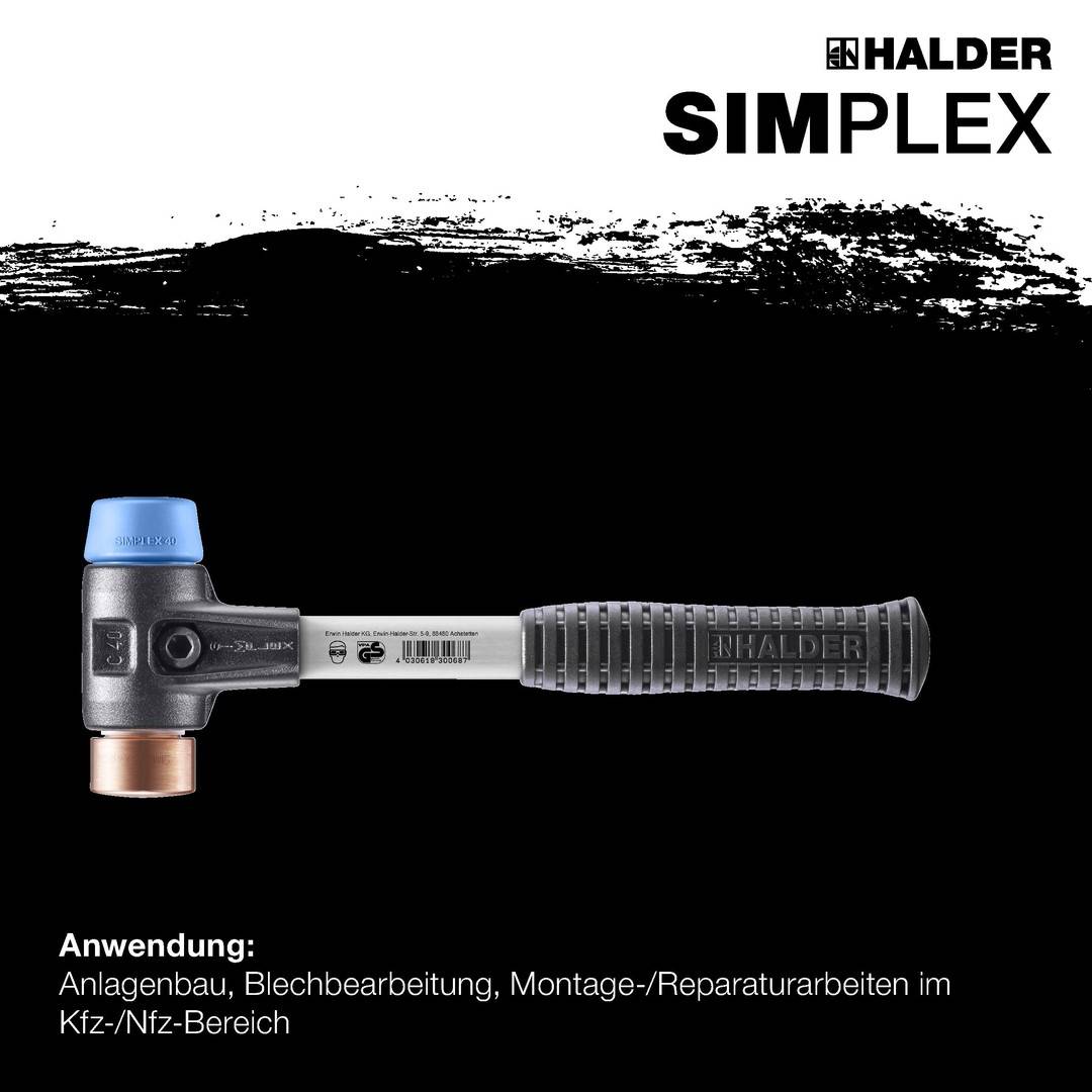 HALDER SIMPLEX Schonhammer Ø 40 mm TPE-soft blau / Kupfer mit verstärktem Tempergussgehäuse und Fiberglasstiel