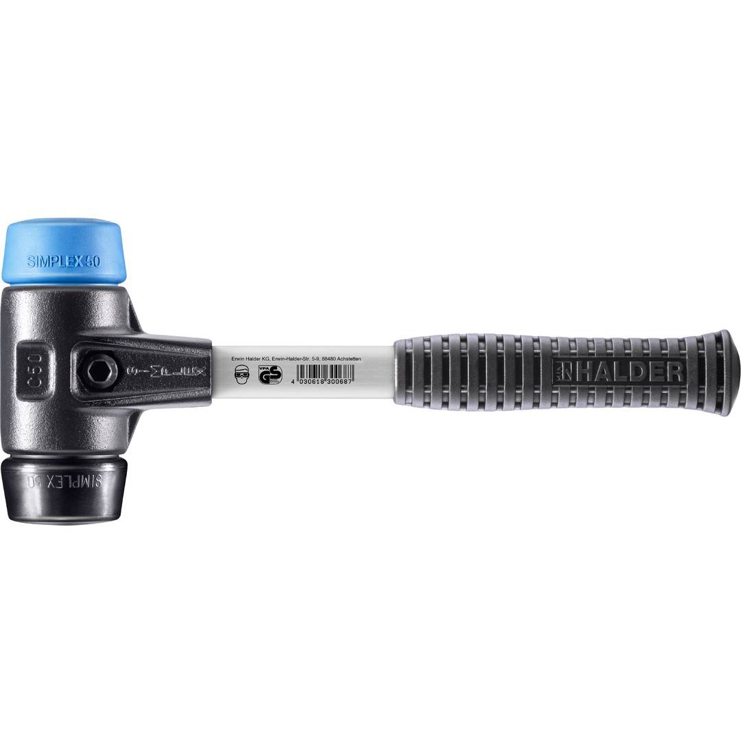 HALDER SIMPLEX Schonhammer Ø 50 mm TPE-soft blau / Gummi schwarz mit verstärktem Tempergussgehäuse und Fiberglasstiel
