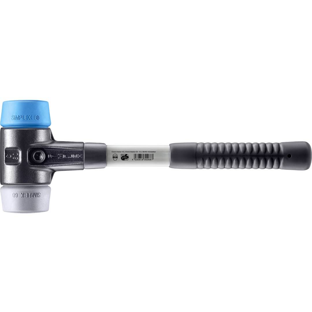 HALDER SIMPLEX Schonhammer Ø 60 mm TPE-soft blau / TPE-mid grau mit verstärktem Tempergussgehäuse und Fiberglasstiel