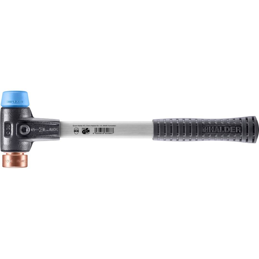 HALDER SIMPLEX Schonhammer Ø 30 mm TPE-soft blau / Kupfer mit verstärktem Tempergussgehäuse und Fiberglasstiel