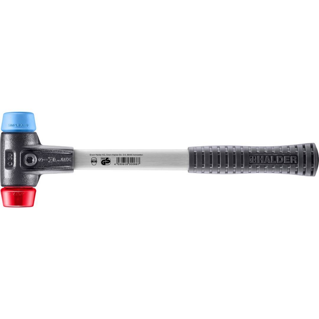 HALDER SIMPLEX Schonhammer Ø 30 mm TPE-soft blau / Plastik rot mit verstärktem Tempergussgehäuse und Fiberglasstiel