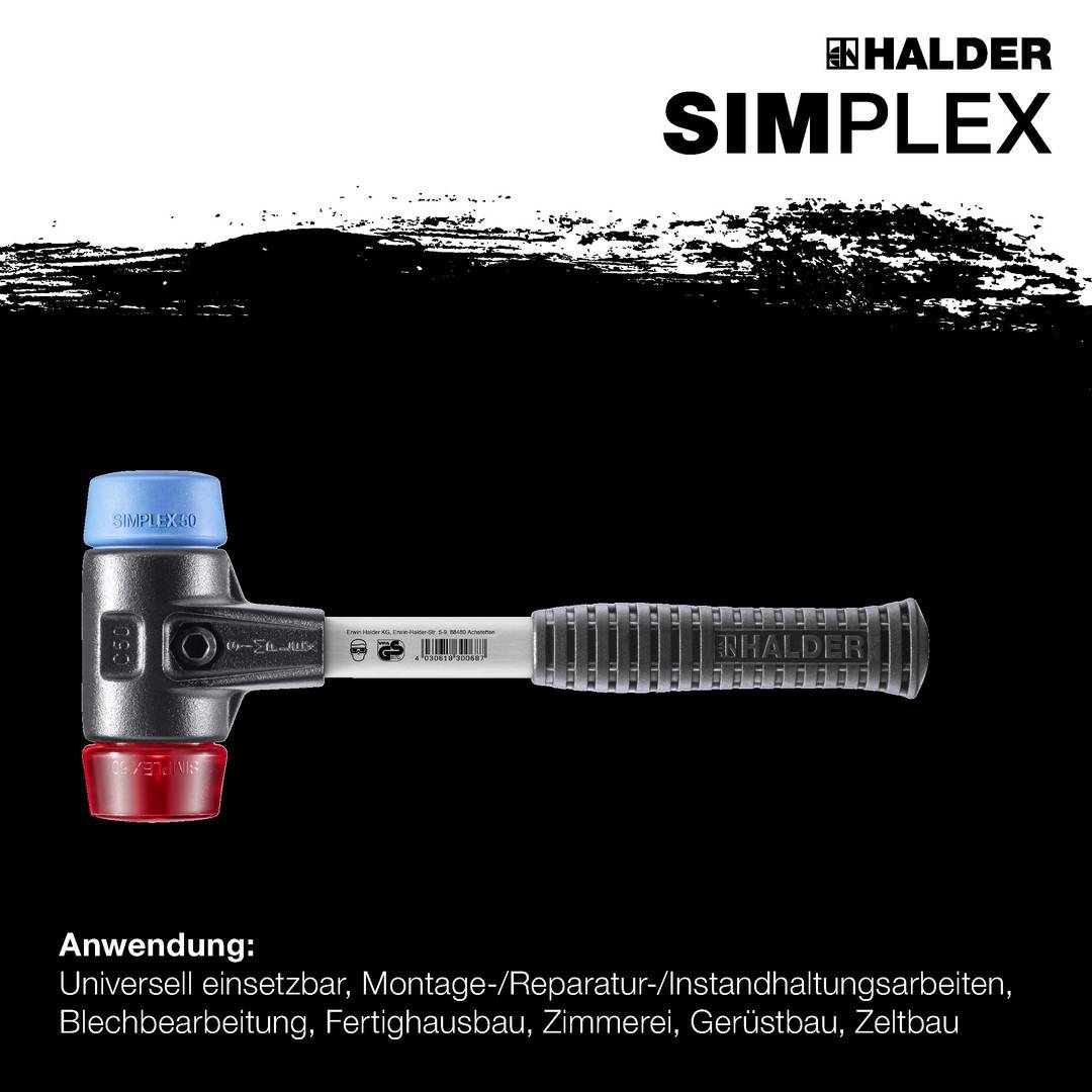 HALDER SIMPLEX Schonhammer Ø 40 mm TPE-soft blau / Plastik rot mit verstärktem Tempergussgehäuse und Fiberglasstiel