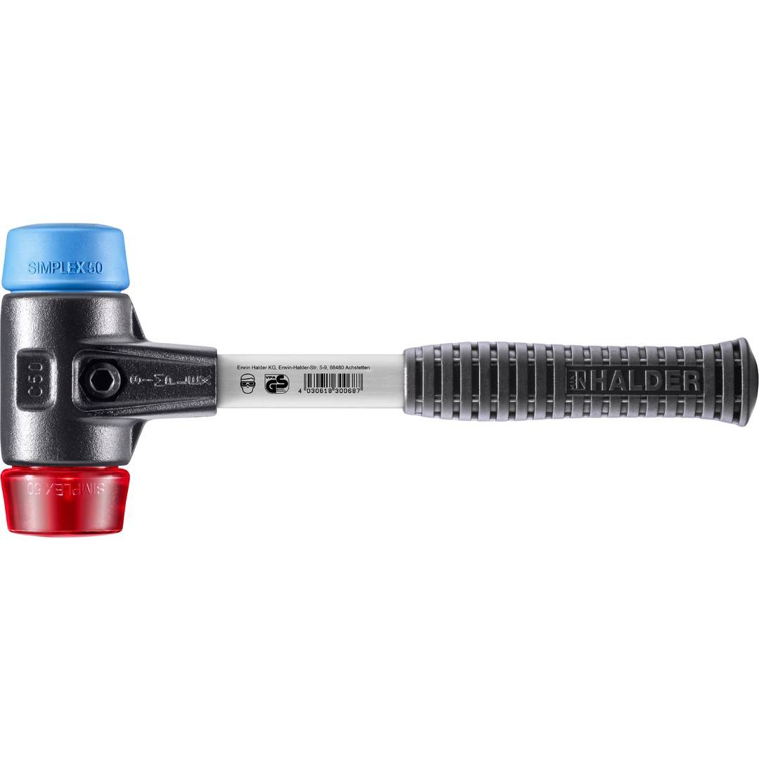 HALDER SIMPLEX Schonhammer Ø 50 mm TPE-soft blau / Plastik rot mit verstärktem Tempergussgehäuse und Fiberglasstiel