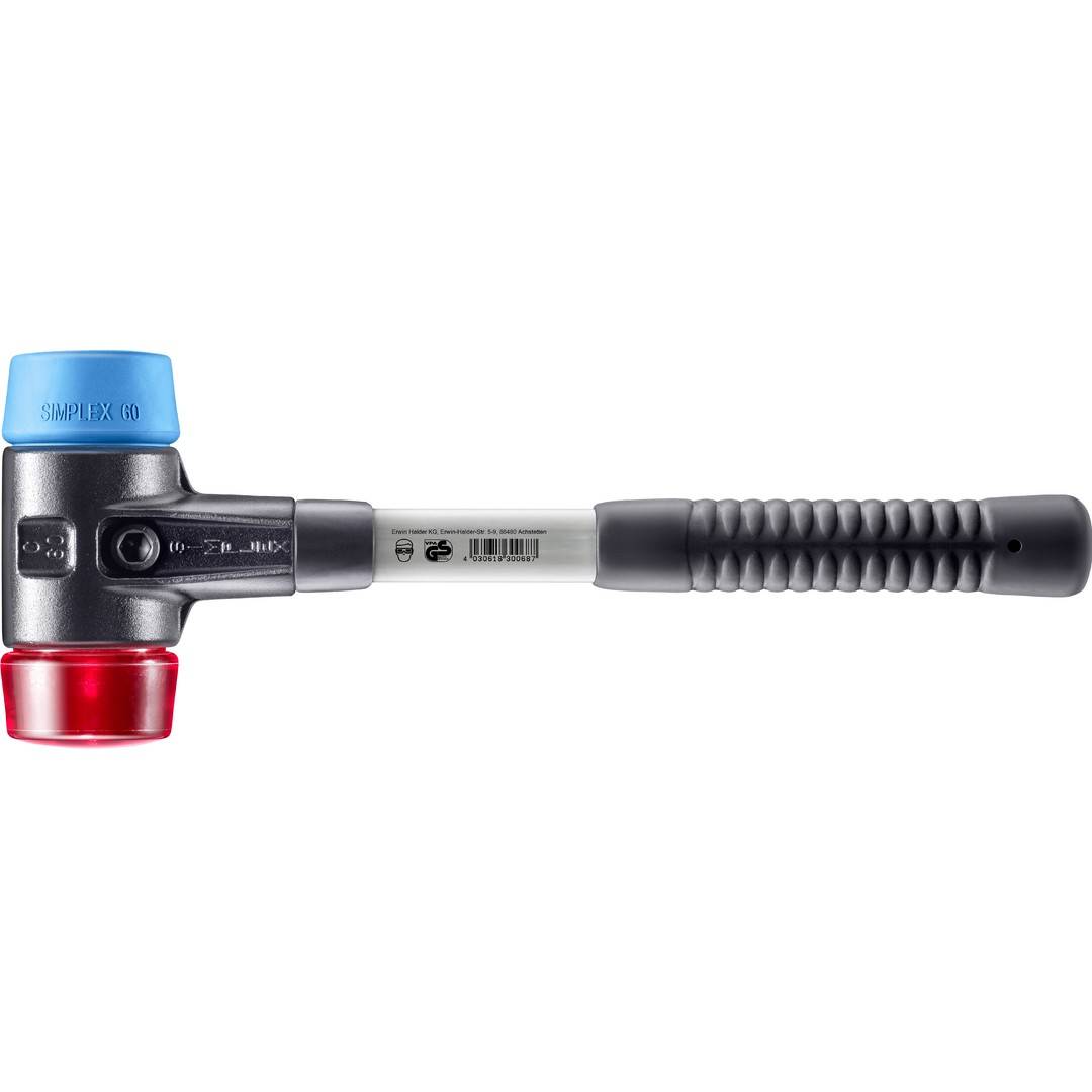 HALDER SIMPLEX Schonhammer Ø 60 mm TPE-soft blau / Plastik rot mit verstärktem Tempergussgehäuse und Fiberglasstiel