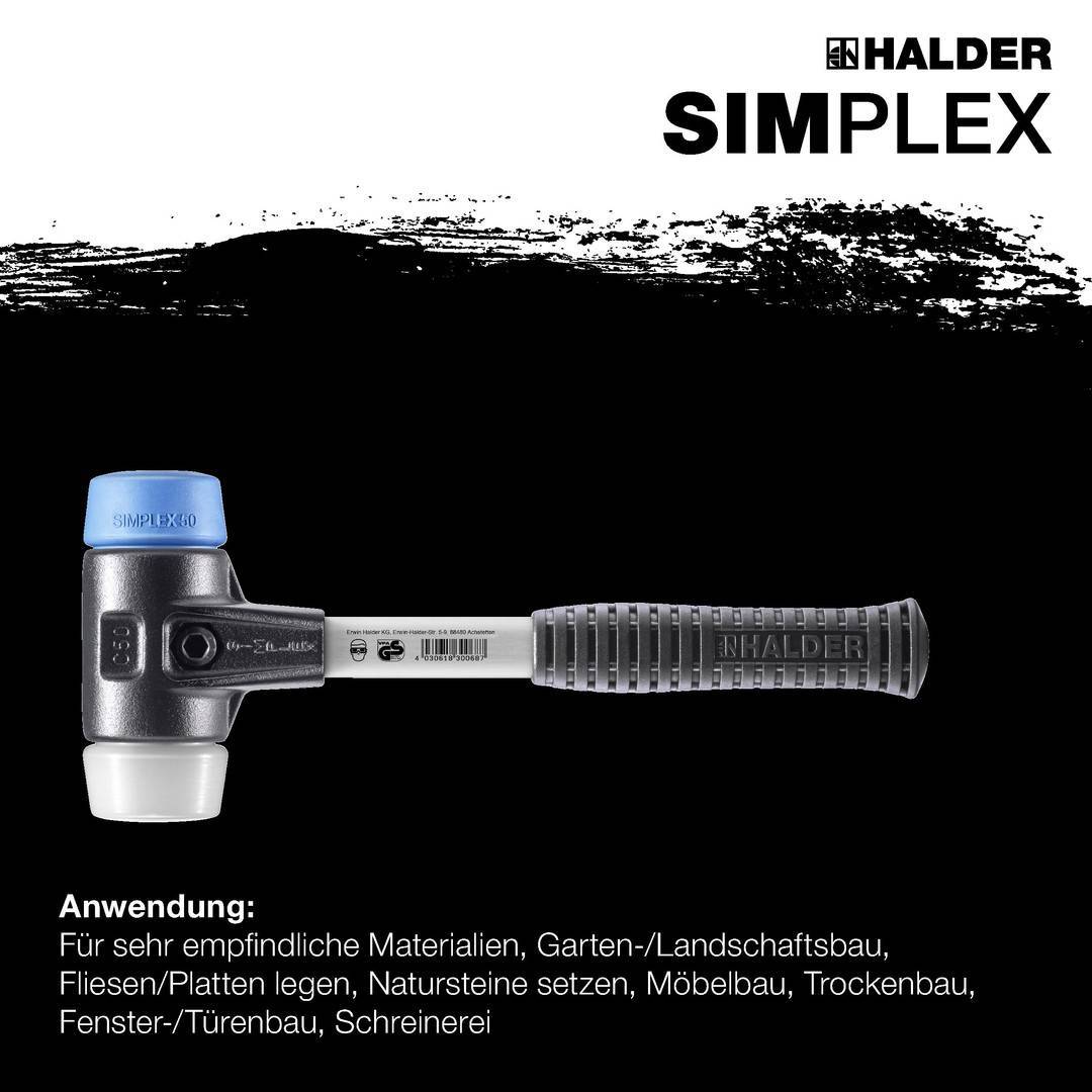 HALDER SIMPLEX Schonhammer Ø 50 mm TPE-soft blau / Superplastik mit verstärktem Tempergussgehäuse und Fiberglasstiel