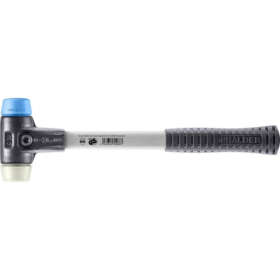 HALDER SIMPLEX Schonhammer Ø 30 mm TPE-soft blau / Nylon mit verstärktem Tempergussgehäuse und Fiberglasstiel