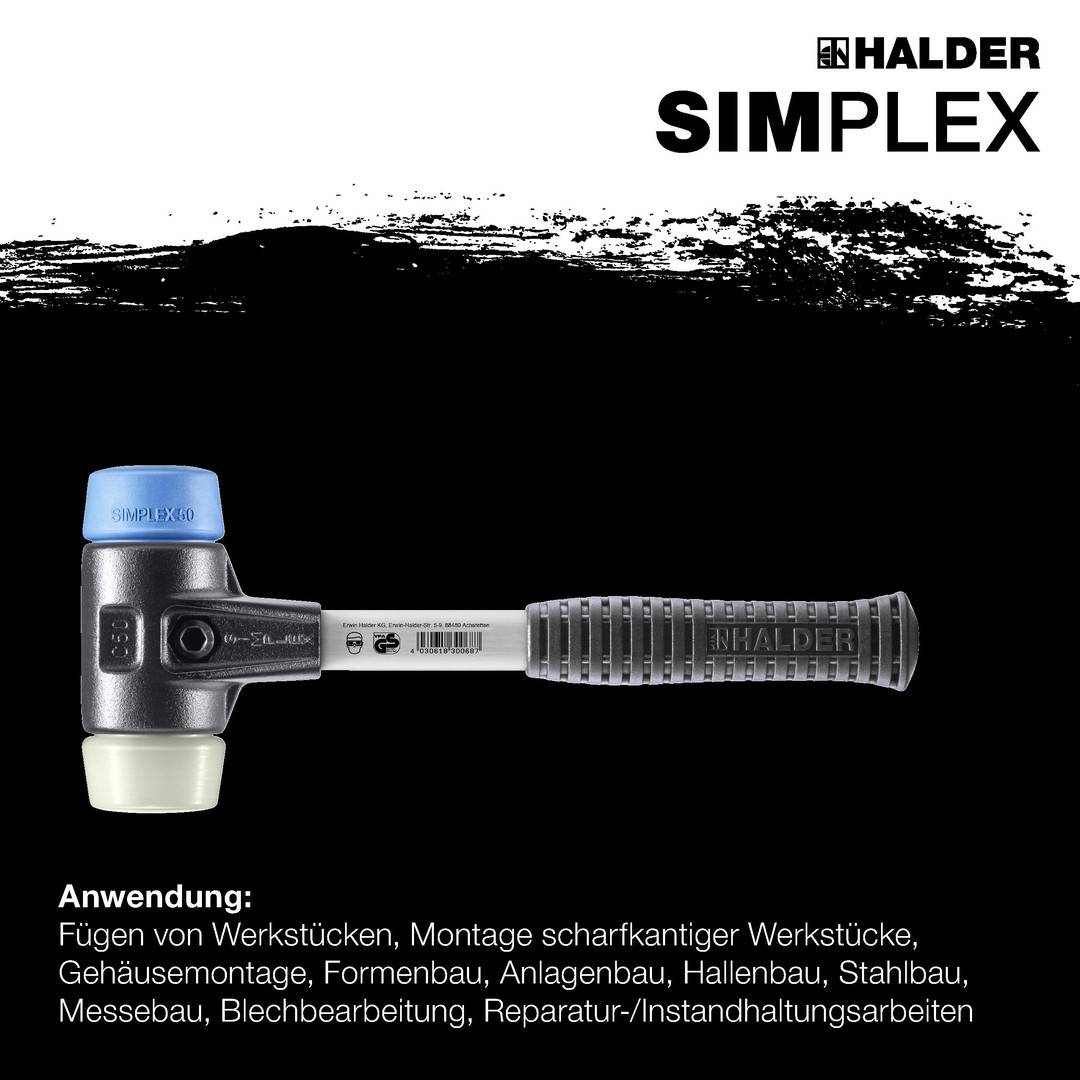 HALDER SIMPLEX Schonhammer Ø 60 mm TPE-soft blau / Nylon mit verstärktem Tempergussgehäuse und Fiberglasstiel