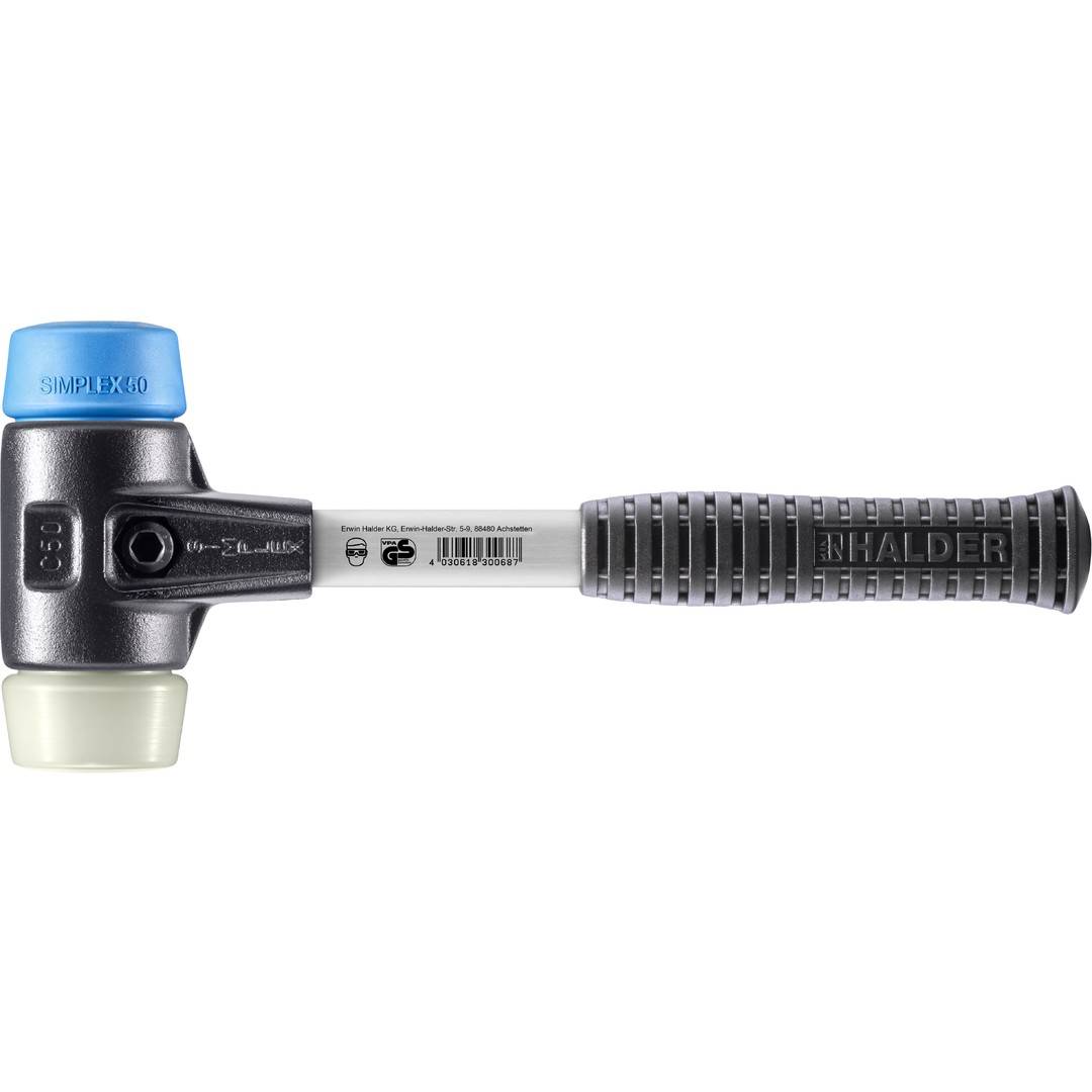 HALDER SIMPLEX Schonhammer Ø 50 mm TPE-soft blau / Nylon mit verstärktem Tempergussgehäuse und Fiberglasstiel