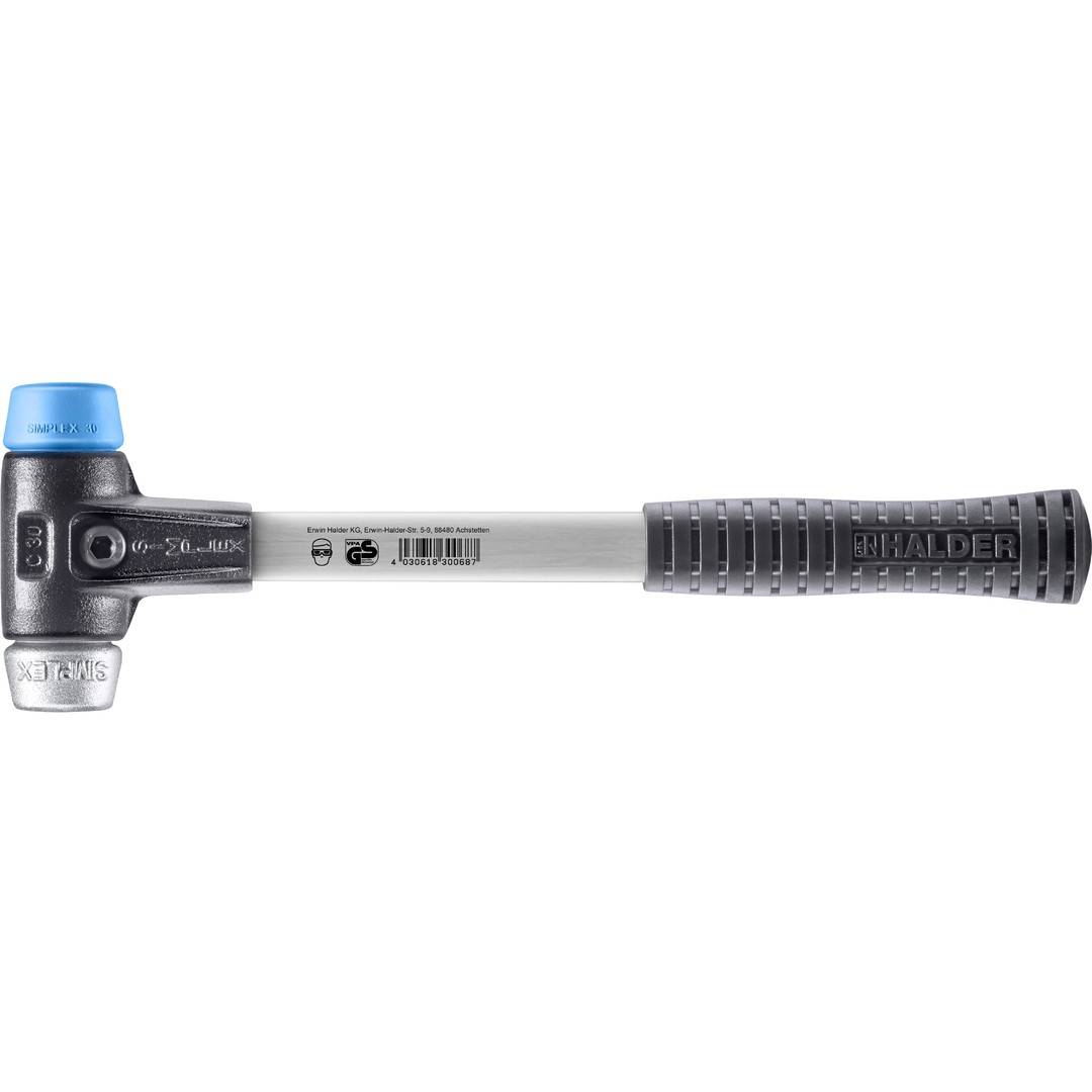HALDER SIMPLEX Schonhammer Ø 30 mm TPE-soft blau / Weichmetall mit verstärktem Tempergussgehäuse und Fiberglasstiel