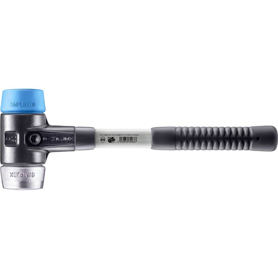 HALDER SIMPLEX Schonhammer Ø 60 mm TPE-soft blau / Weichmetall mit verstärktem Tempergussgehäuse und Fiberglasstiel