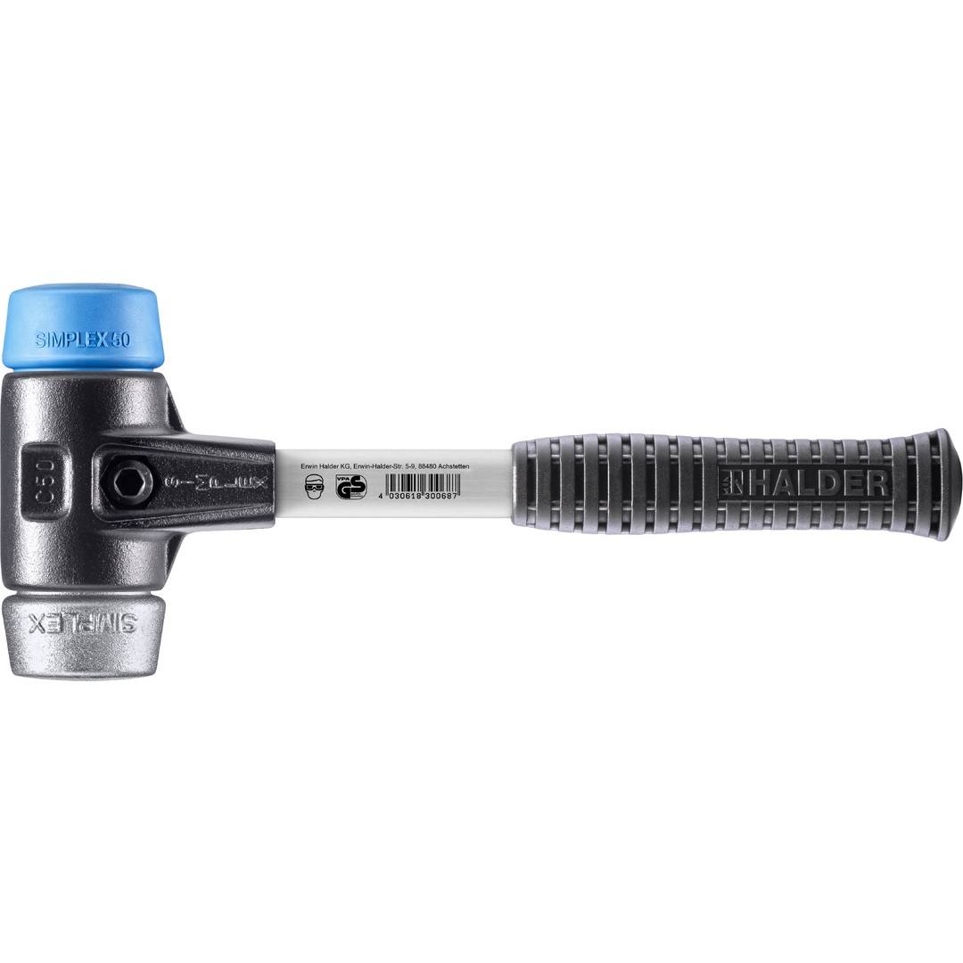 HALDER SIMPLEX Schonhammer Ø 50 mm TPE-soft blau / Weichmetall mit verstärktem Tempergussgehäuse und Fiberglasstiel