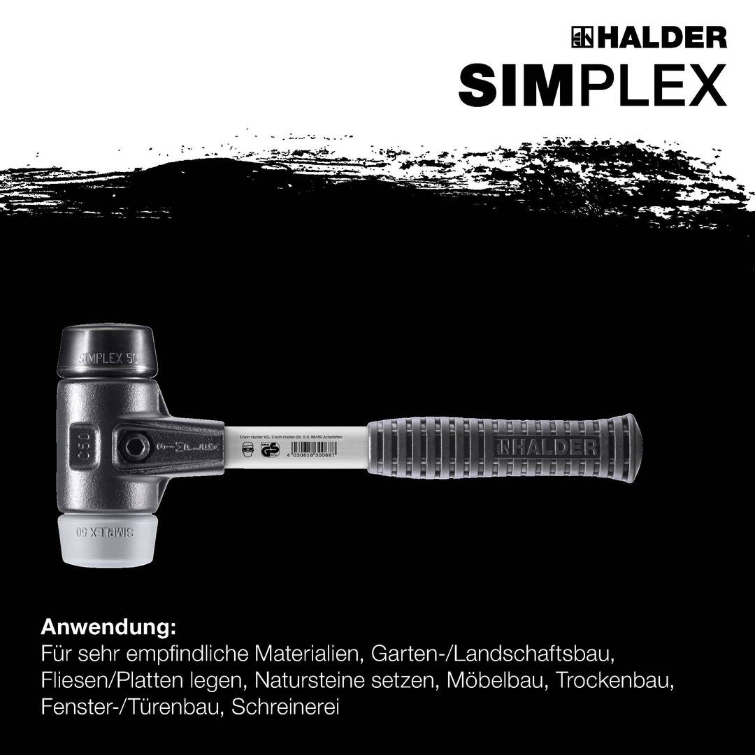 HALDER SIMPLEX Schonhammer Ø 30 mm Gummi schwarz / TPE-mid grau mit verstärktem Tempergussgehäuse und Fiberglasstiel