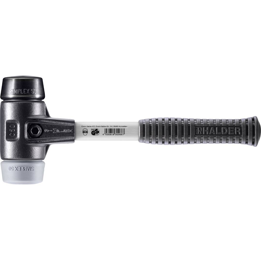 HALDER SIMPLEX Schonhammer Ø 50 mm Gummi schwarz / TPE-mid grau mit verstärktem Tempergussgehäuse und Fiberglasstiel