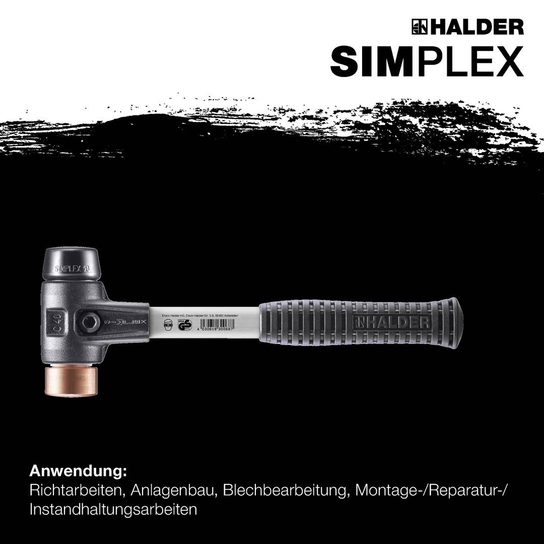 HALDER SIMPLEX Schonhammer Ø 40 mm Gummi schwarz / Kupfer mit verstärktem Tempergussgehäuse und Fiberglasstiel